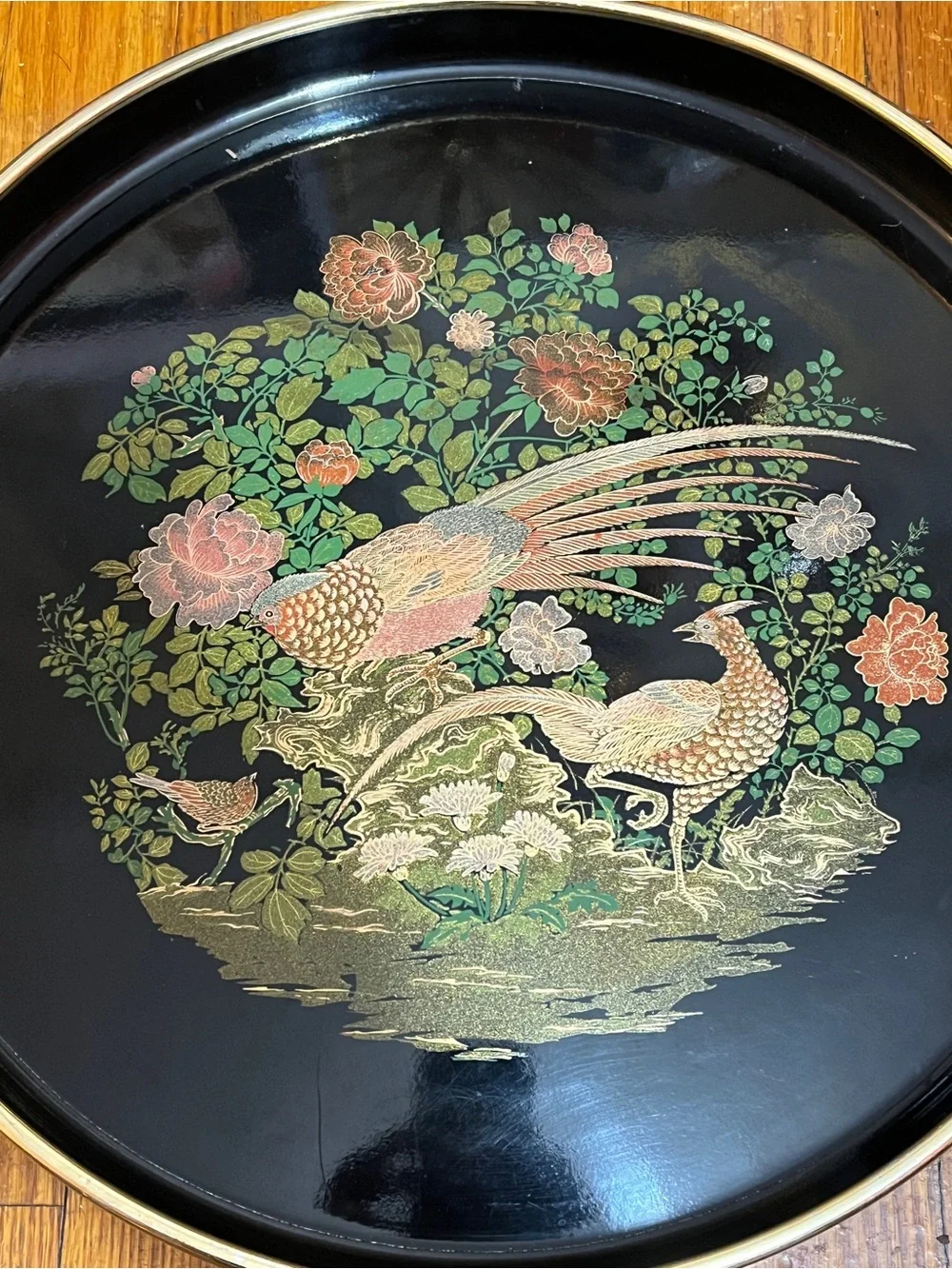 Vintage Japanese Black Lacquer Serving Tray – Peacock & Floral Design – 14” – Ma